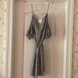 NWT Michael Kors Gold Chained-Cold Shoulder Striped Dress Black/Gold
